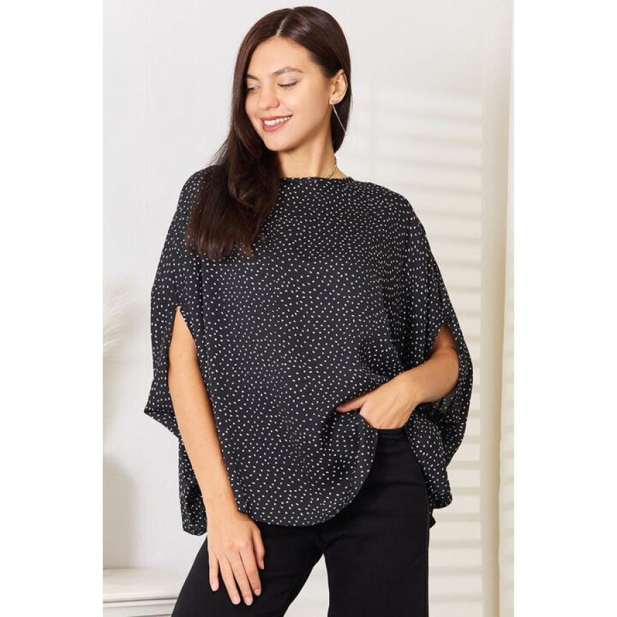 Double Take Printed Dolman Sleeve Round Neck Blouse Black / S Apparel and Accessories