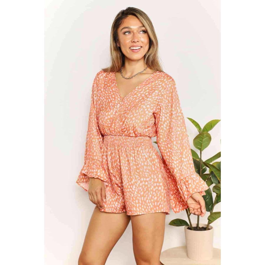 Double Take Printed Flare Sleeve Surplice Romper Sherbet / S