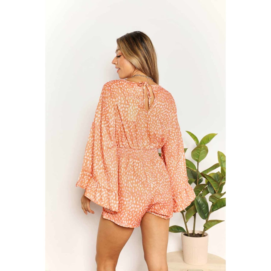 Double Take Printed Flare Sleeve Surplice Romper