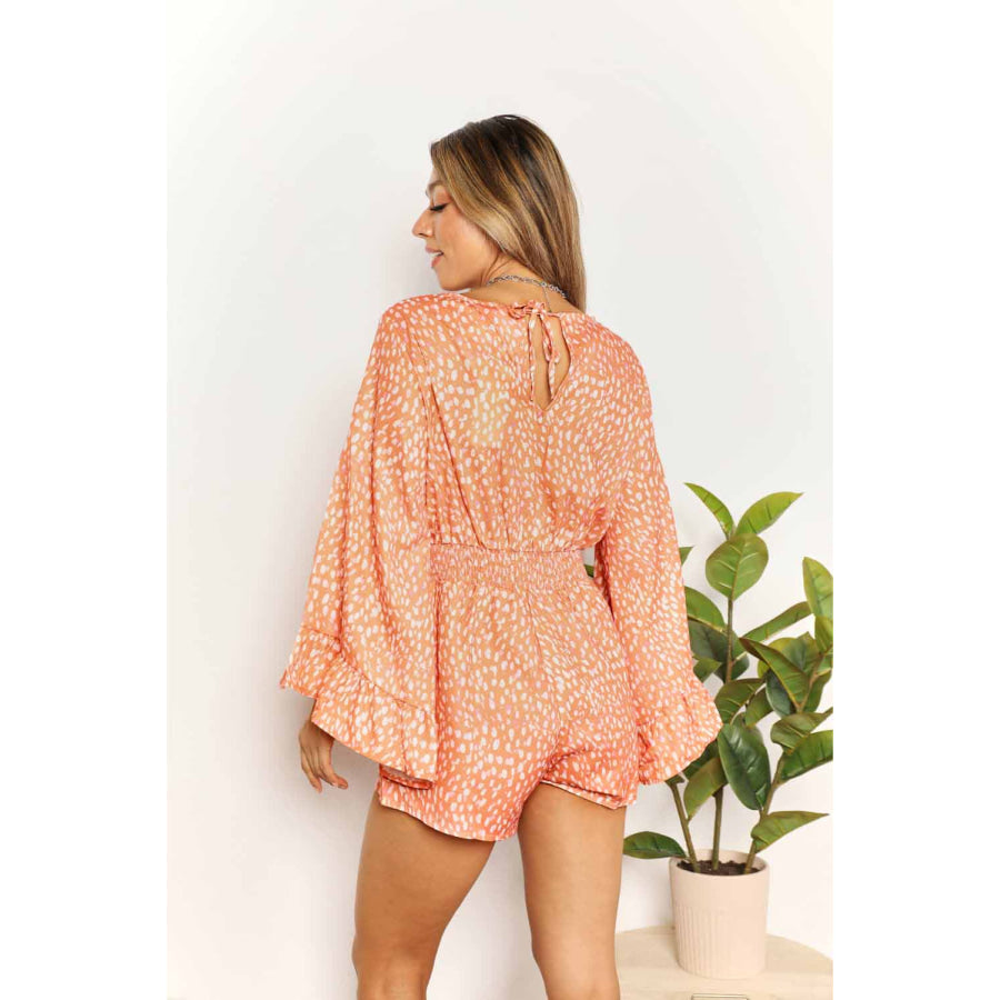 Double Take Printed Flare Sleeve Surplice Romper Sherbet / S