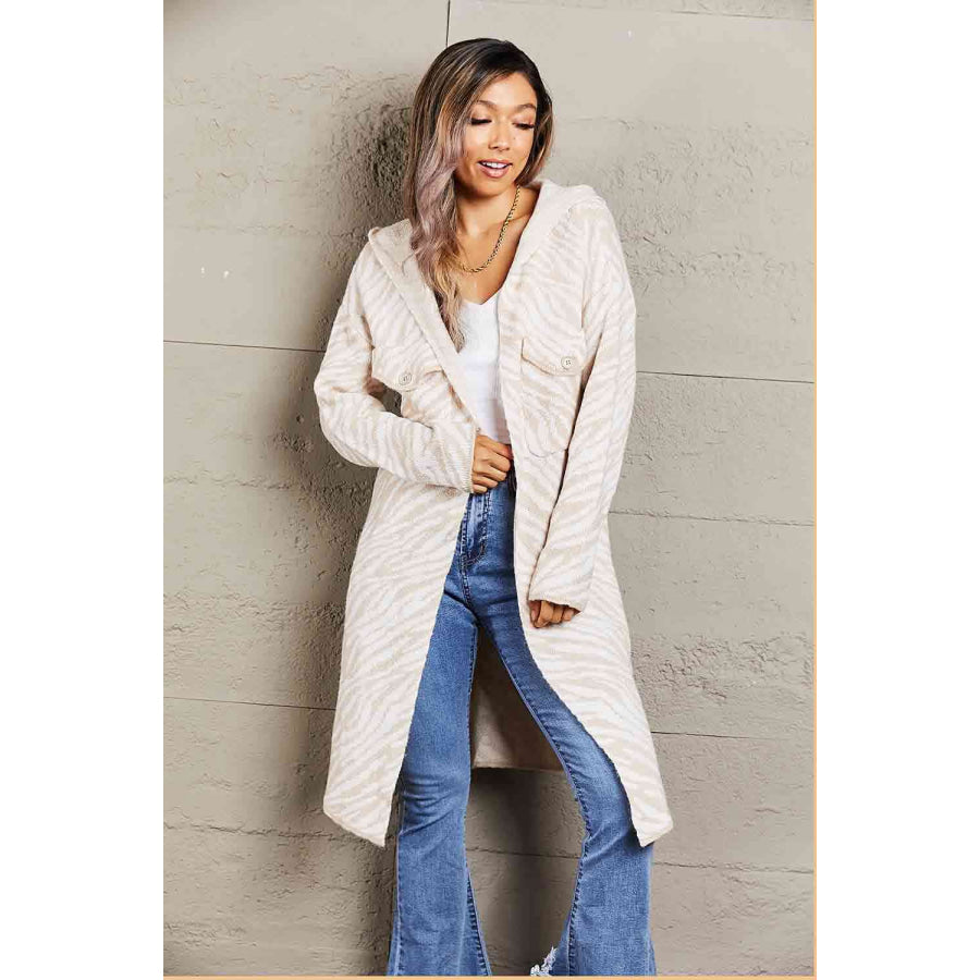 Double Take Printed Open Front Hooded Longline Cardigan Beige / S