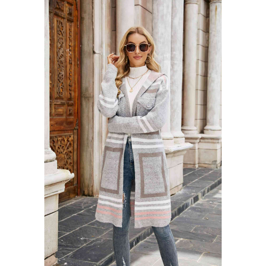 Double Take Printed Open Front Hooded Longline Cardigan Gray / S