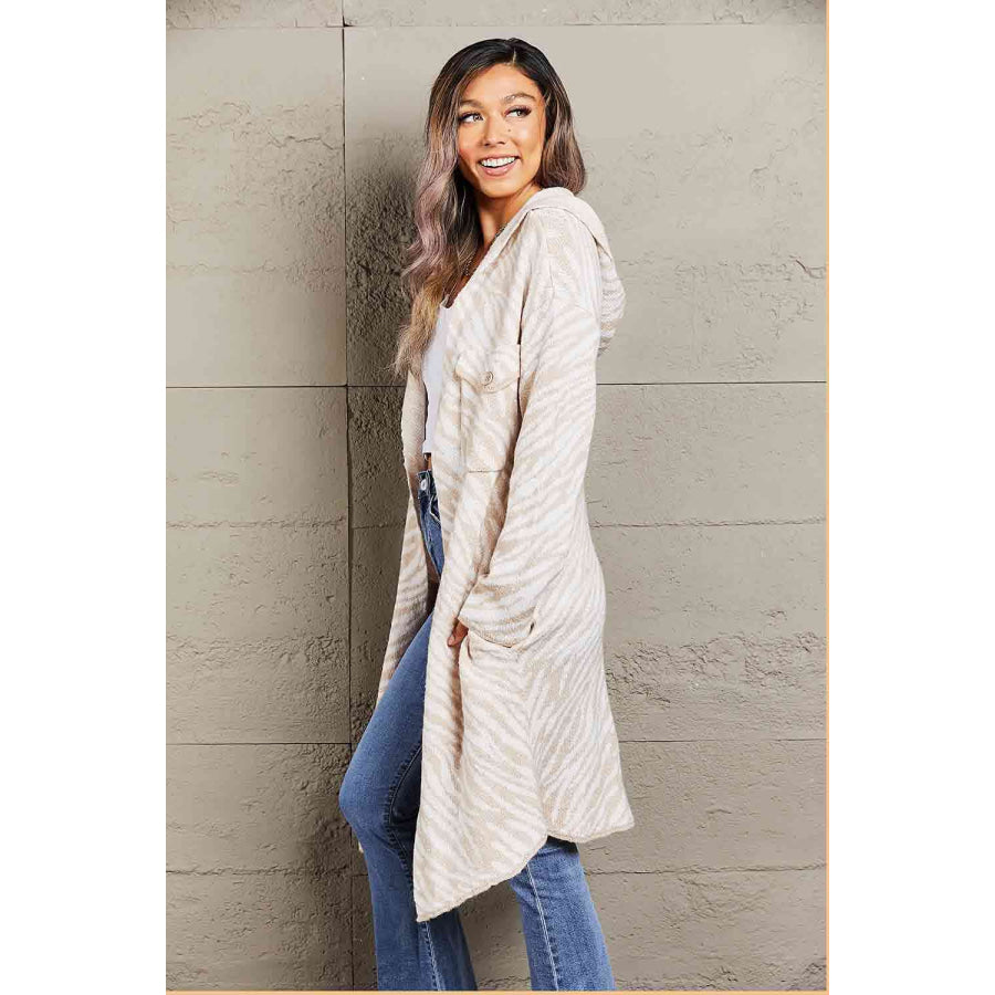 Double Take Printed Open Front Hooded Longline Cardigan