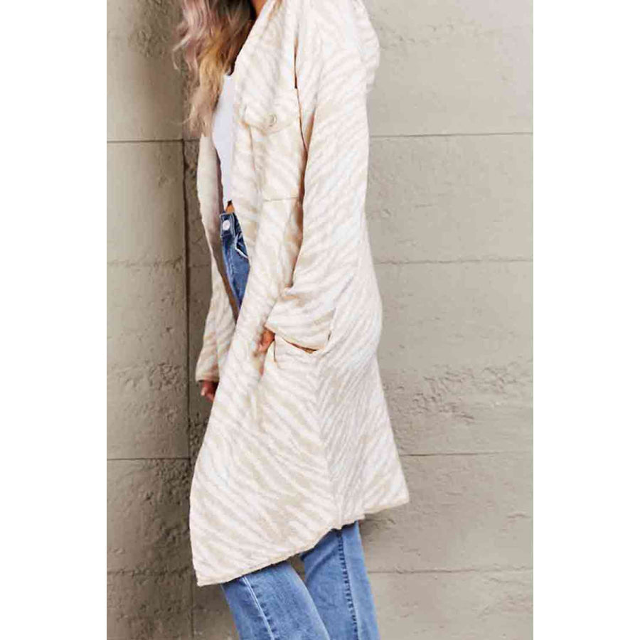 Double Take Printed Open Front Hooded Longline Cardigan