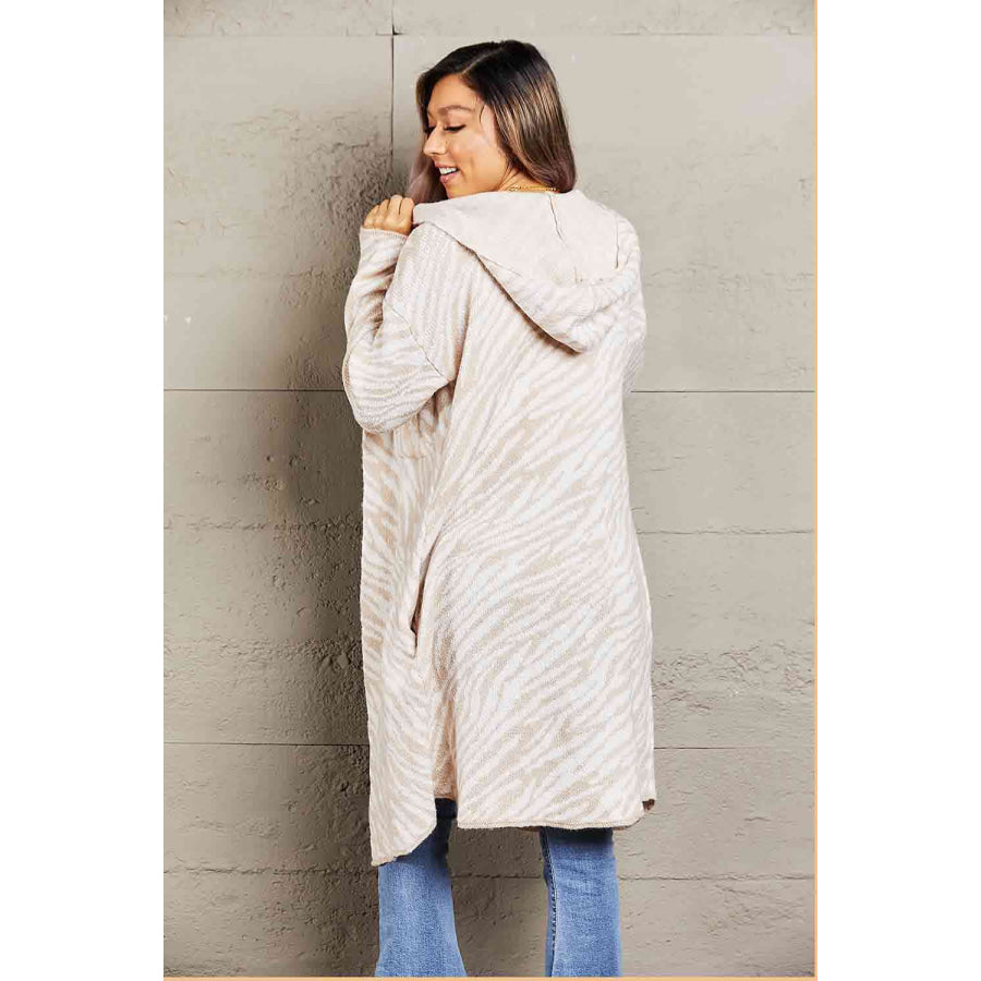 Double Take Printed Open Front Hooded Longline Cardigan Beige / S