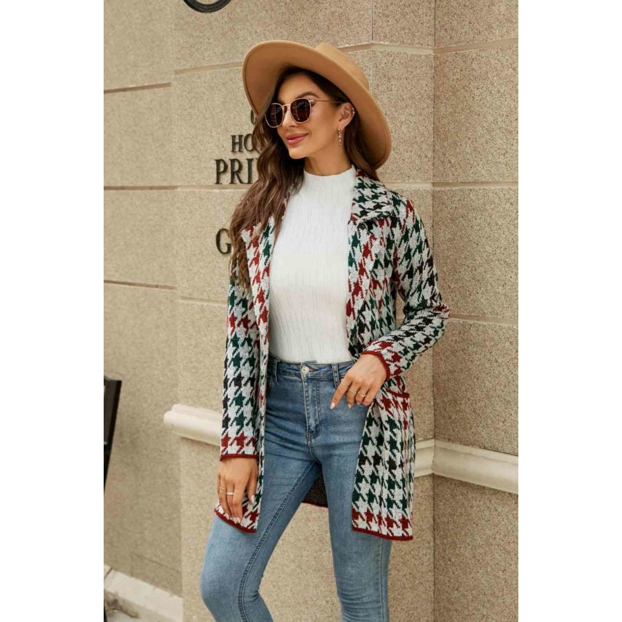 Double Take Printed Open Front Lapel Collar Cardigan with Pockets Green / S Cardigan