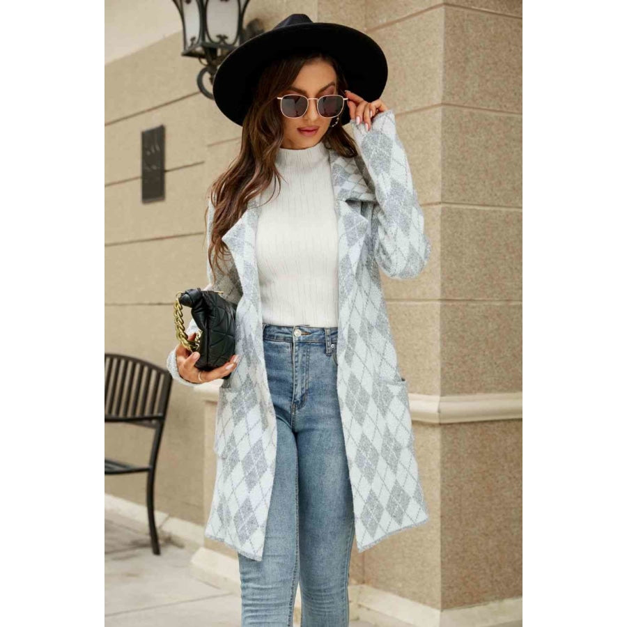 Double Take Printed Open Front Lapel Collar Cardigan with Pockets Cardigan