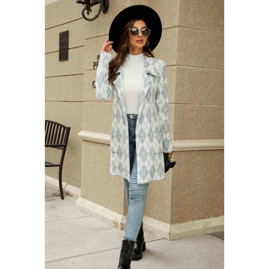 Double Take Printed Open Front Lapel Collar Cardigan with Pockets Cardigan