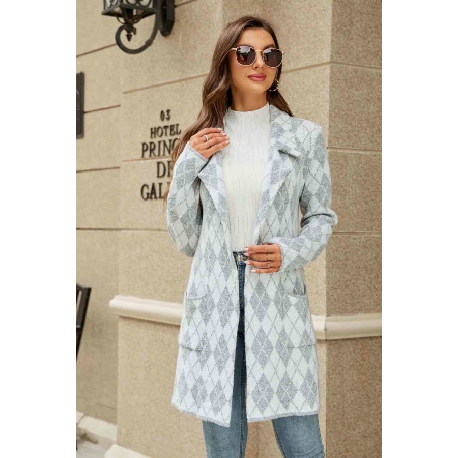 Double Take Printed Open Front Lapel Collar Cardigan with Pockets White/Gray / S Cardigan