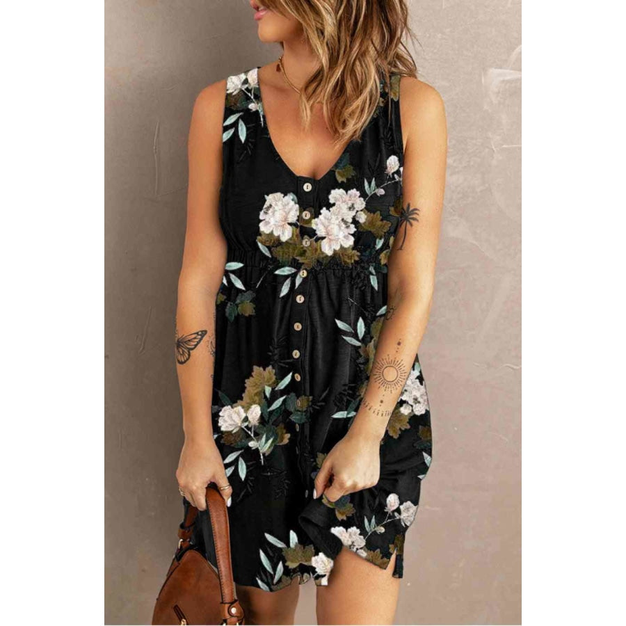 Double Take Printed Scoop Neck Sleeveless Buttoned Magic Dress with Pockets Black / S Dress