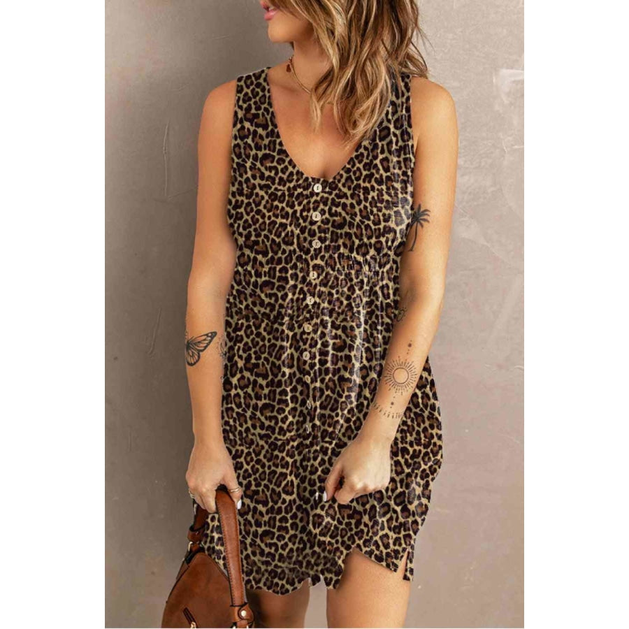 Double Take Printed Scoop Neck Sleeveless Buttoned Magic Dress with Pockets Leopard / S Dress