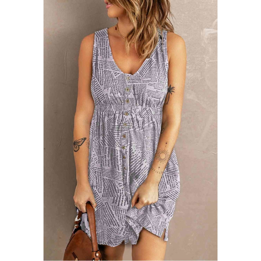 Double Take Printed Scoop Neck Sleeveless Buttoned Magic Dress with Pockets Light Gray / S Dress