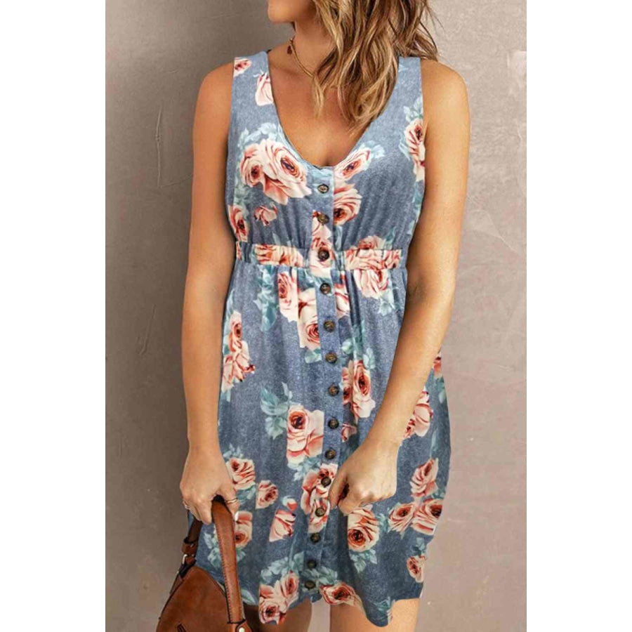 Double Take Printed Scoop Neck Sleeveless Buttoned Magic Dress with Pockets Misty Blue / S Dress