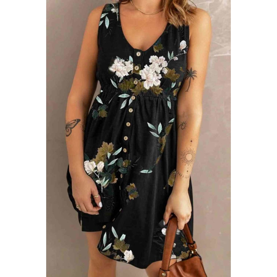 Double Take Printed Scoop Neck Sleeveless Buttoned Magic Dress with Pockets Dress