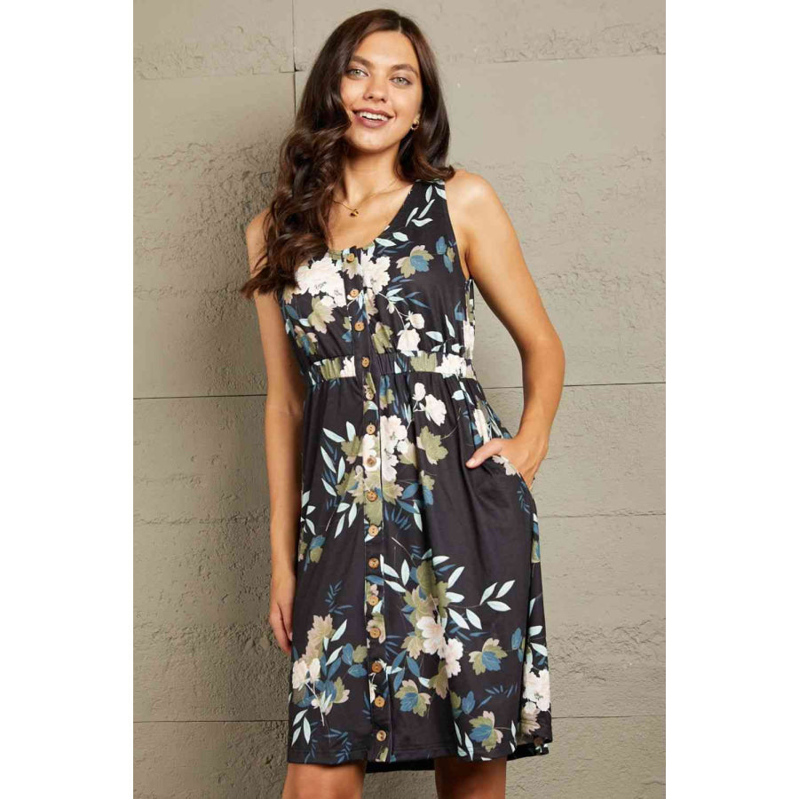 Double Take Printed Scoop Neck Sleeveless Buttoned Magic Dress with Pockets Dress