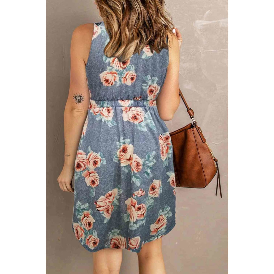 Double Take Printed Scoop Neck Sleeveless Buttoned Magic Dress with Pockets Dress