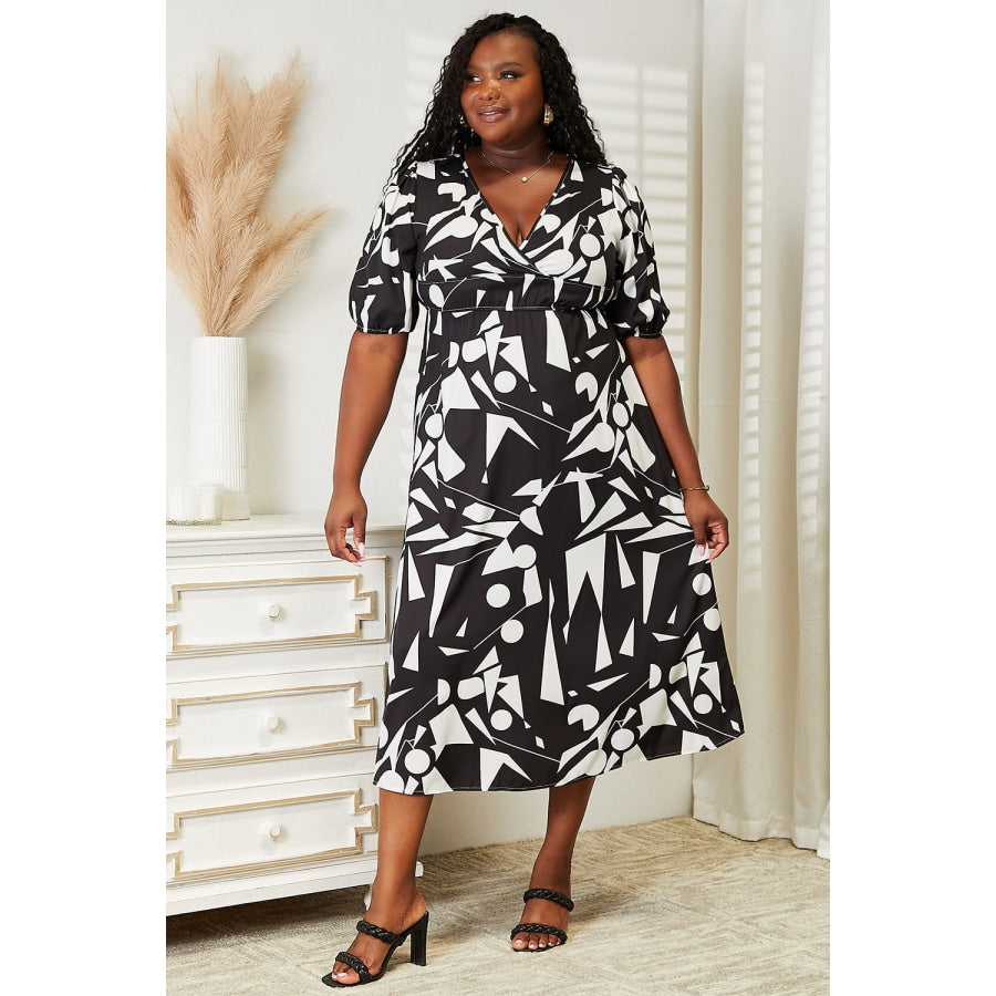 Double Take Printed Surplice Balloon Sleeve Dress Black / M