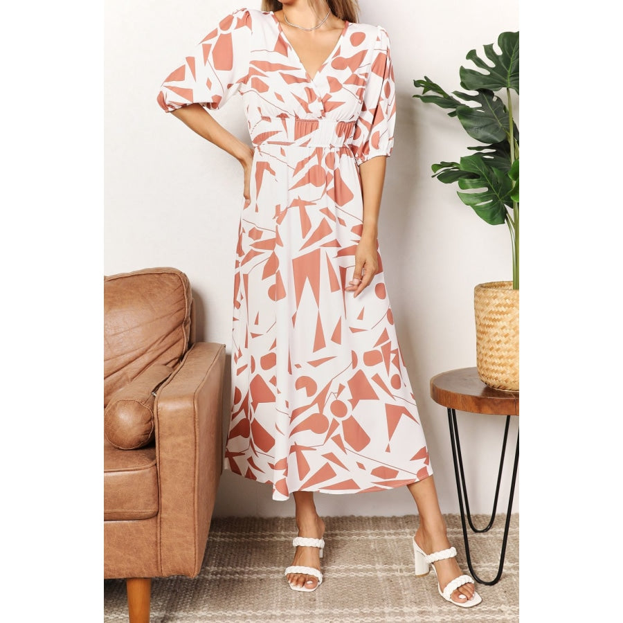 Double Take Printed Surplice Balloon Sleeve Dress