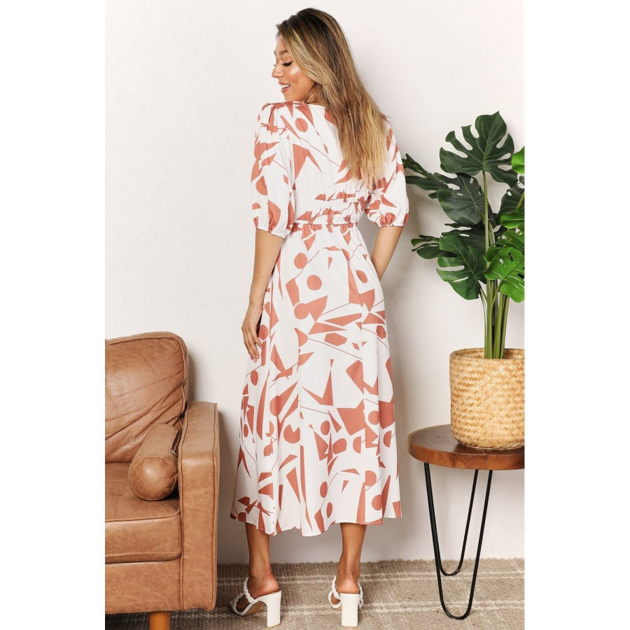 Double Take Printed Surplice Balloon Sleeve Dress