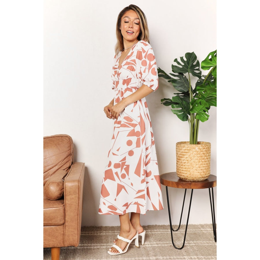 Double Take Printed Surplice Balloon Sleeve Dress