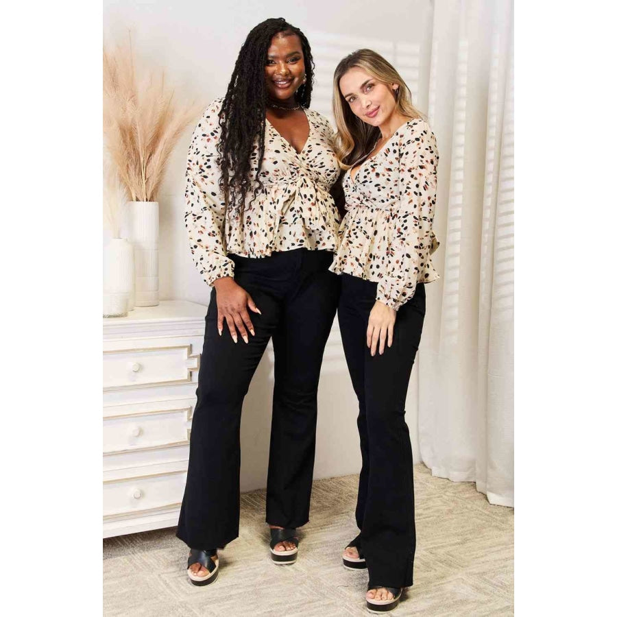 Double Take Printed Tied Plunge Peplum Blouse Shirts &amp; Tops