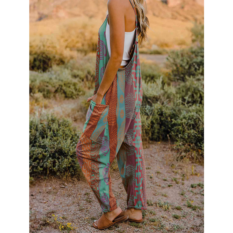 Double Take Printed V-Neck Sleeveless Jumpsuit Apparel and Accessories