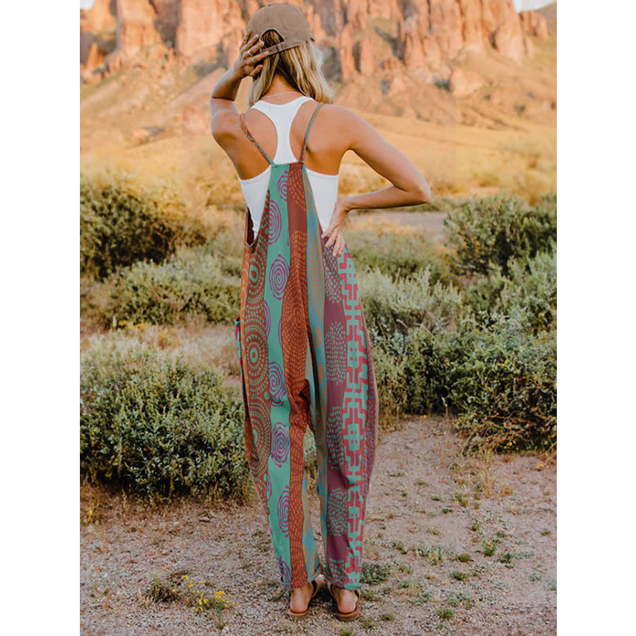 Double Take Printed V-Neck Sleeveless Jumpsuit Apparel and Accessories