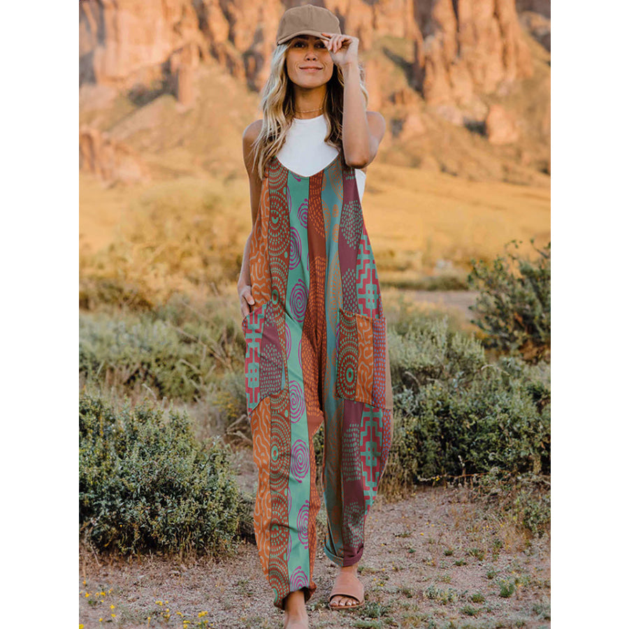 Double Take Printed V-Neck Sleeveless Jumpsuit Caramel / S Apparel and Accessories