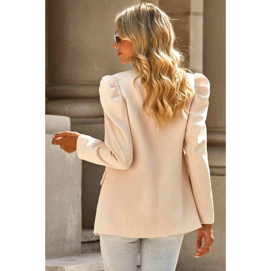 Double Take Puff Sleeve Shawl Collar Blazer Apparel and Accessories