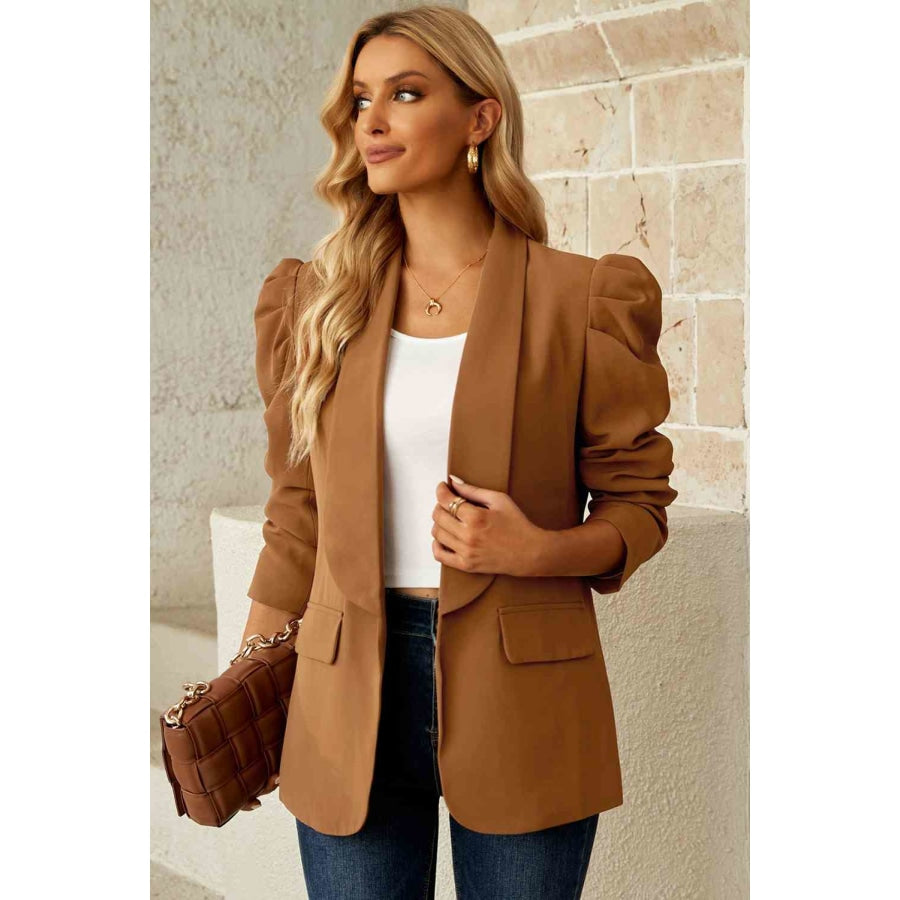 Double Take Puff Sleeve Shawl Collar Blazer Apparel and Accessories