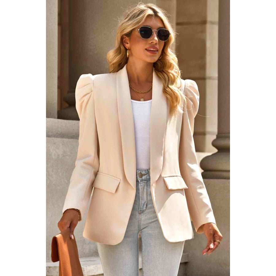 Double Take Puff Sleeve Shawl Collar Blazer Apparel and Accessories