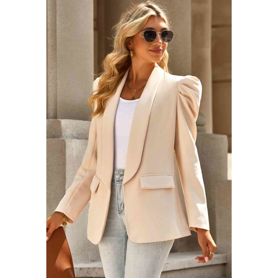 Double Take Puff Sleeve Shawl Collar Blazer Apparel and Accessories