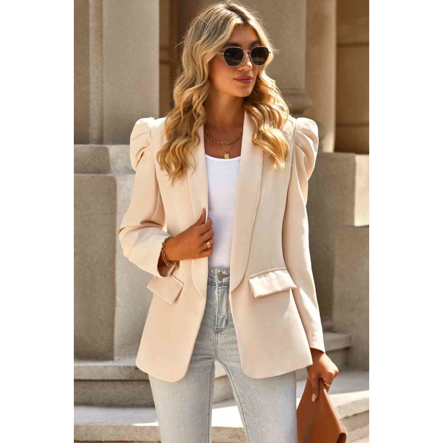 Double Take Puff Sleeve Shawl Collar Blazer Cream / S Apparel and Accessories