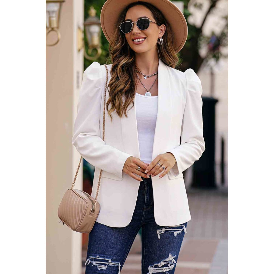 Double Take Puff Sleeve Shawl Collar Blazer White / S Apparel and Accessories