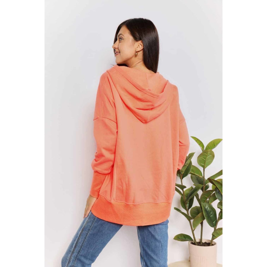 Double Take Quarter-Snap Dropped Shoulder Hoodie Tangerine / S