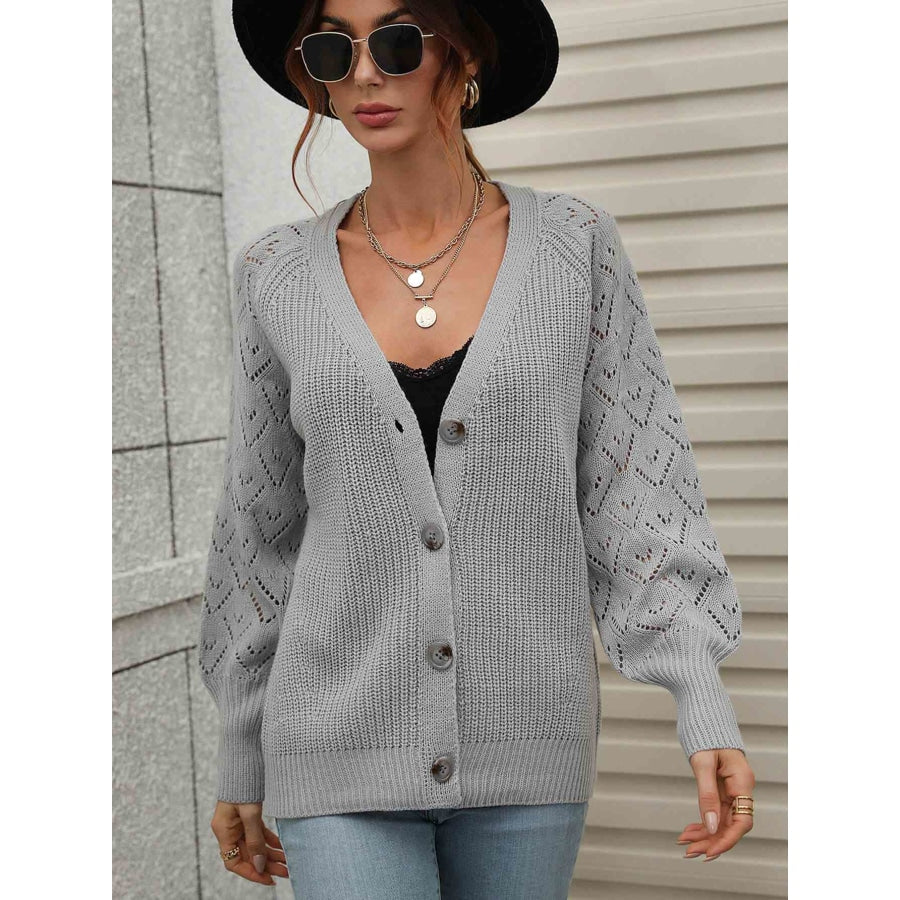 Double Take Rib-Knit Plunge Raglan Sleeve Cardigan Gray / S Apparel and Accessories
