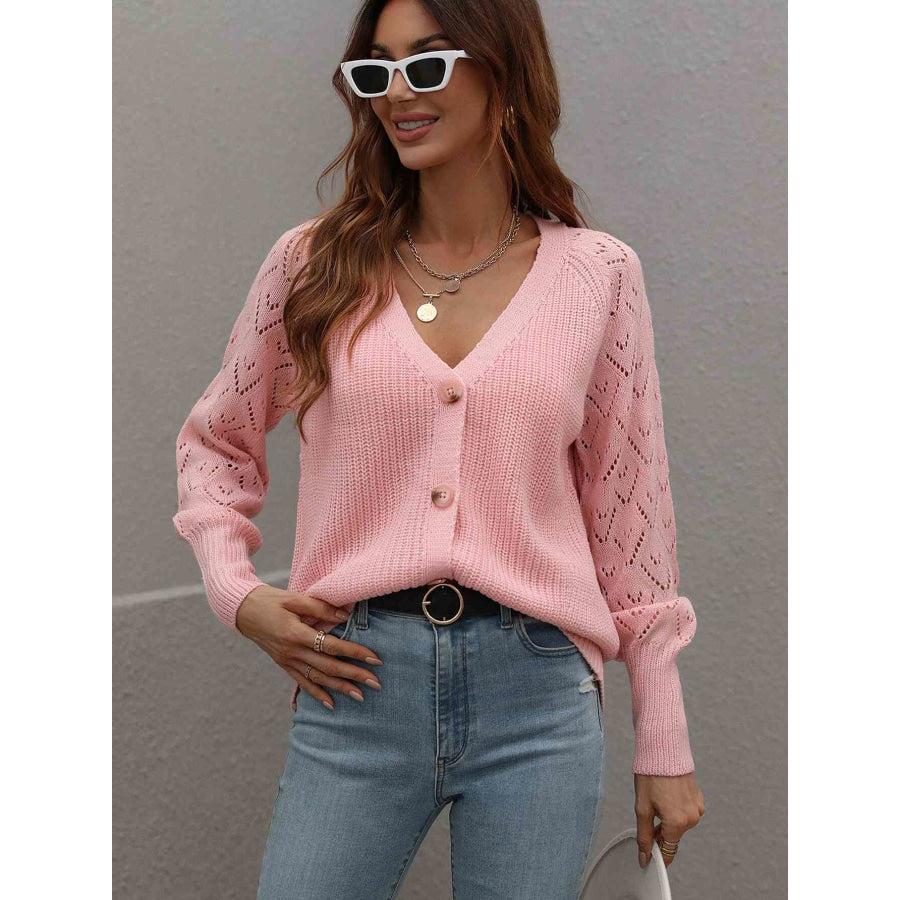 Double Take Rib-Knit Plunge Raglan Sleeve Cardigan Pink / S Apparel and Accessories