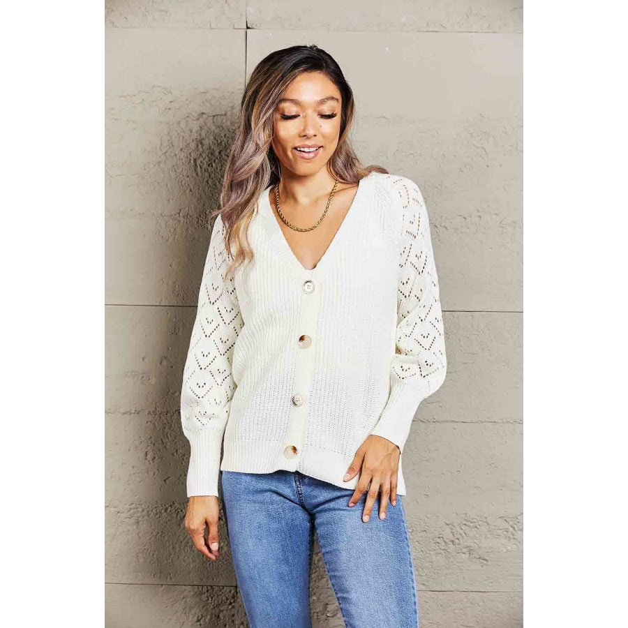 Double Take Rib-Knit Plunge Raglan Sleeve Cardigan White / S Apparel and Accessories