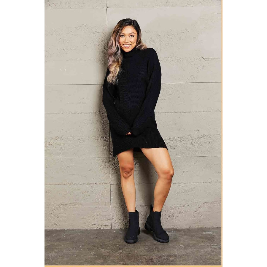 Double Take Rib-Knit Turtleneck Drop Shoulder Sweater Dress Apparel and Accessories