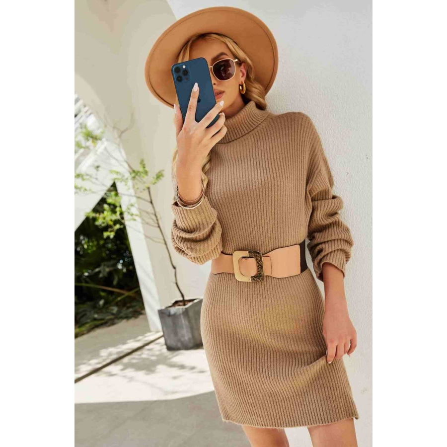 Double Take Rib-Knit Turtleneck Drop Shoulder Sweater Dress Apparel and Accessories