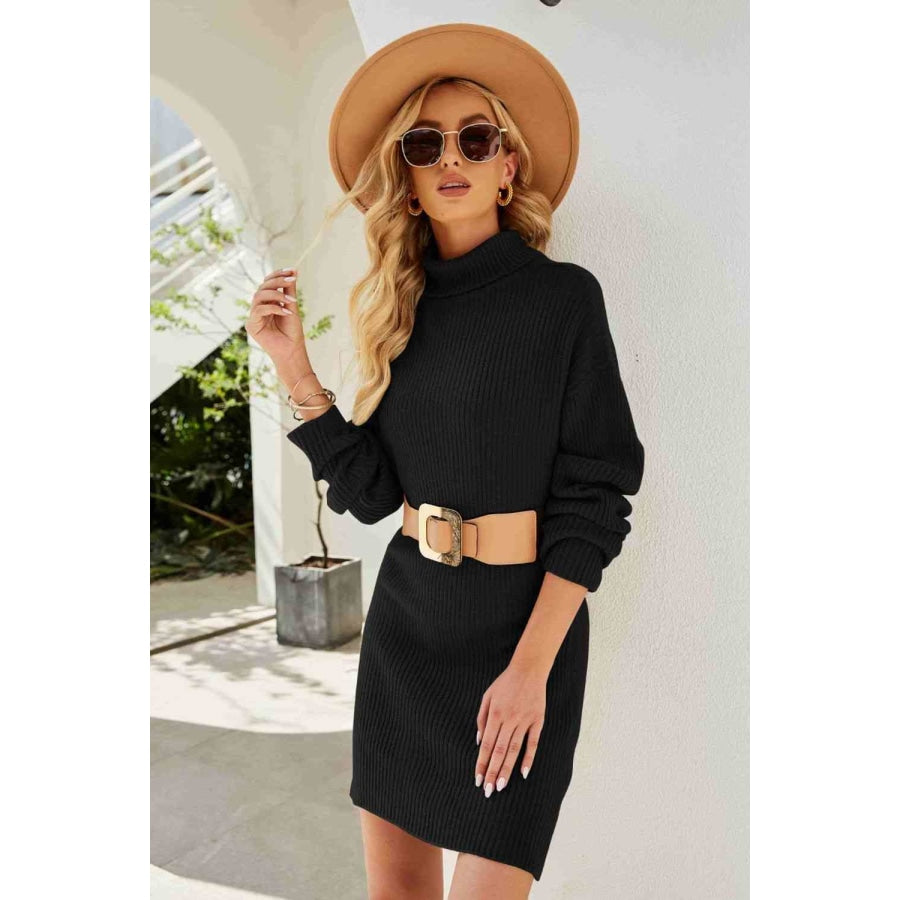 Double Take Rib-Knit Turtleneck Drop Shoulder Sweater Dress Apparel and Accessories