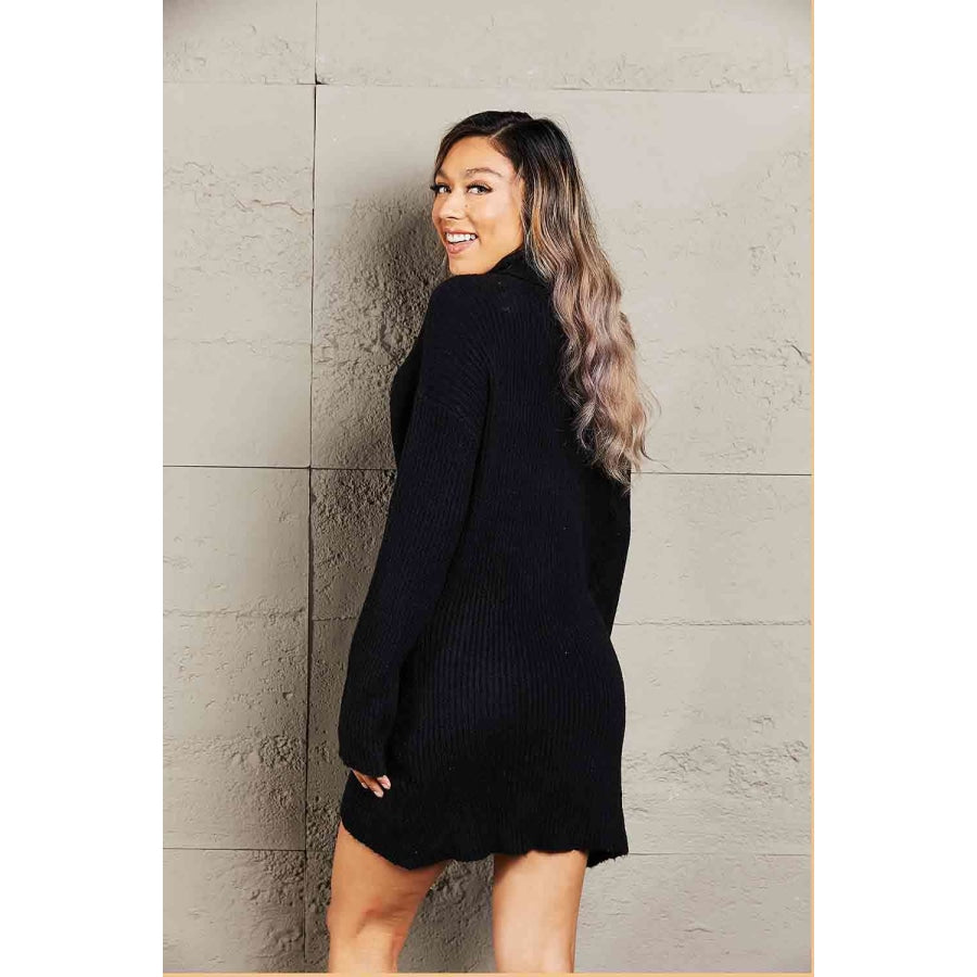 Double Take Rib-Knit Turtleneck Drop Shoulder Sweater Dress Black / S Apparel and Accessories