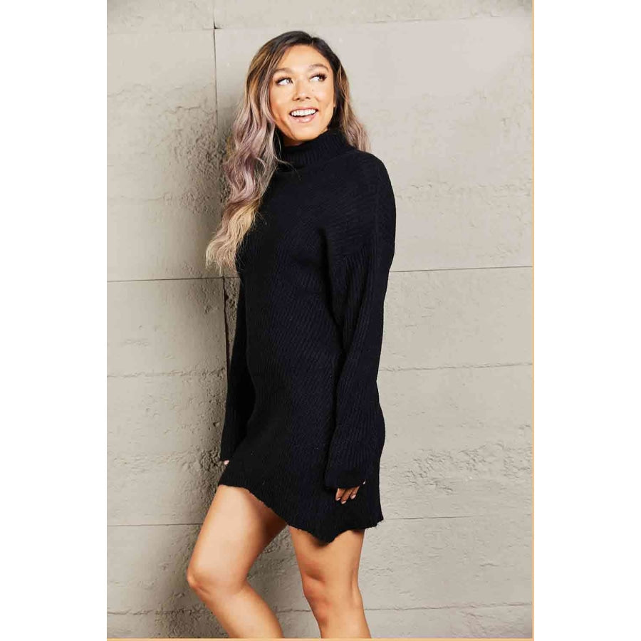 Double Take Rib-Knit Turtleneck Drop Shoulder Sweater Dress Apparel and Accessories