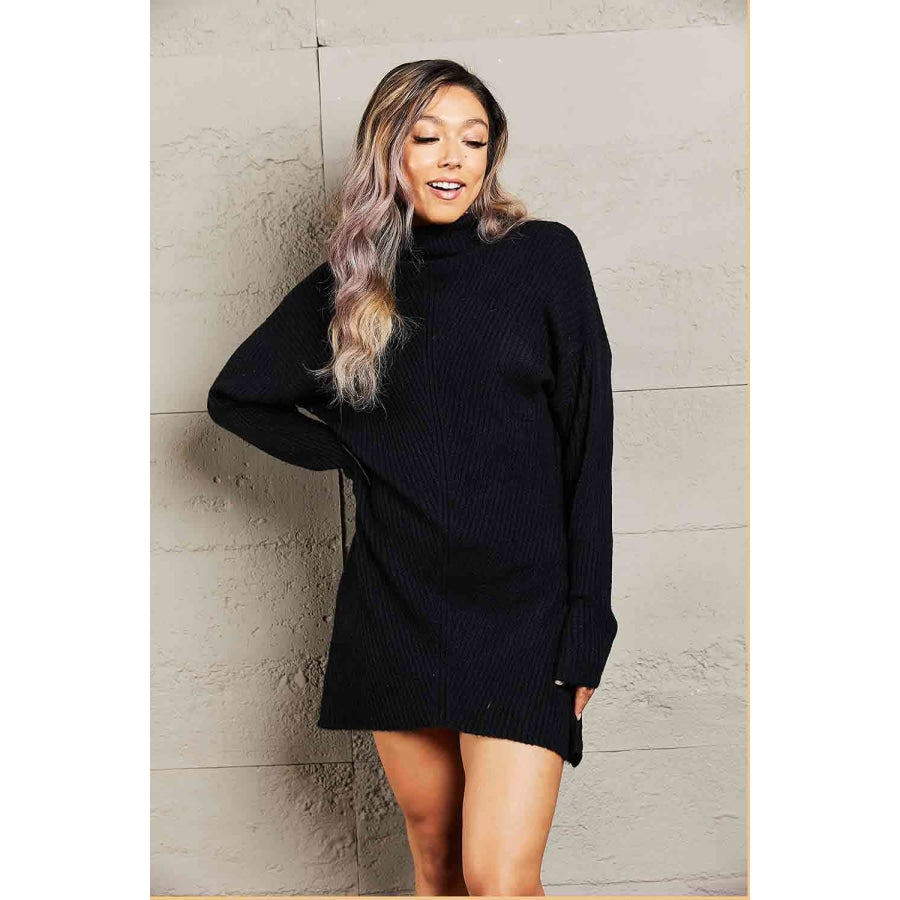 Double Take Rib-Knit Turtleneck Drop Shoulder Sweater Dress Black / S Apparel and Accessories
