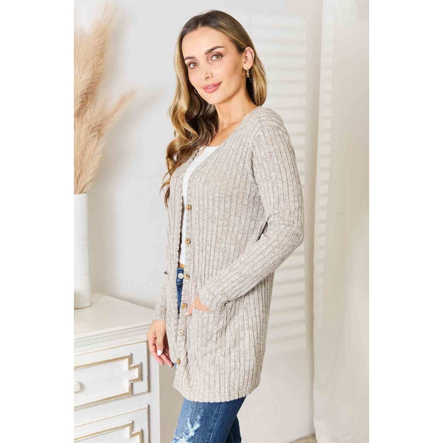Double Take Ribbed Button-Up Cardigan with Pockets Apparel and Accessories