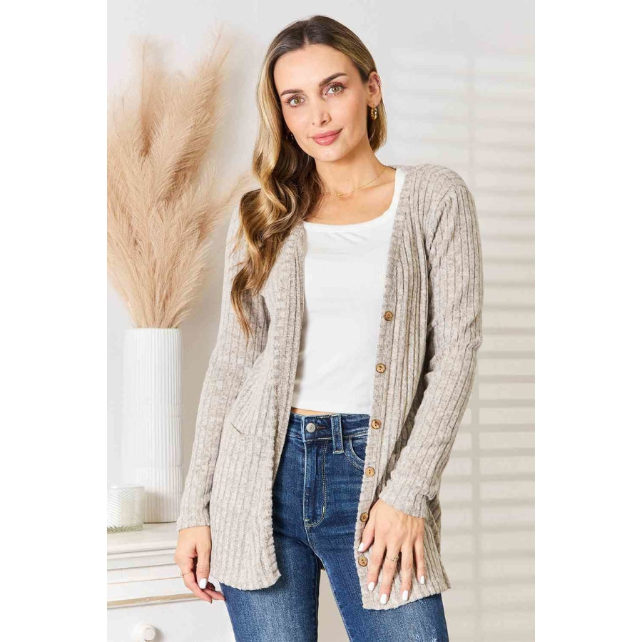 Double Take Ribbed Button-Up Cardigan with Pockets Apparel and Accessories