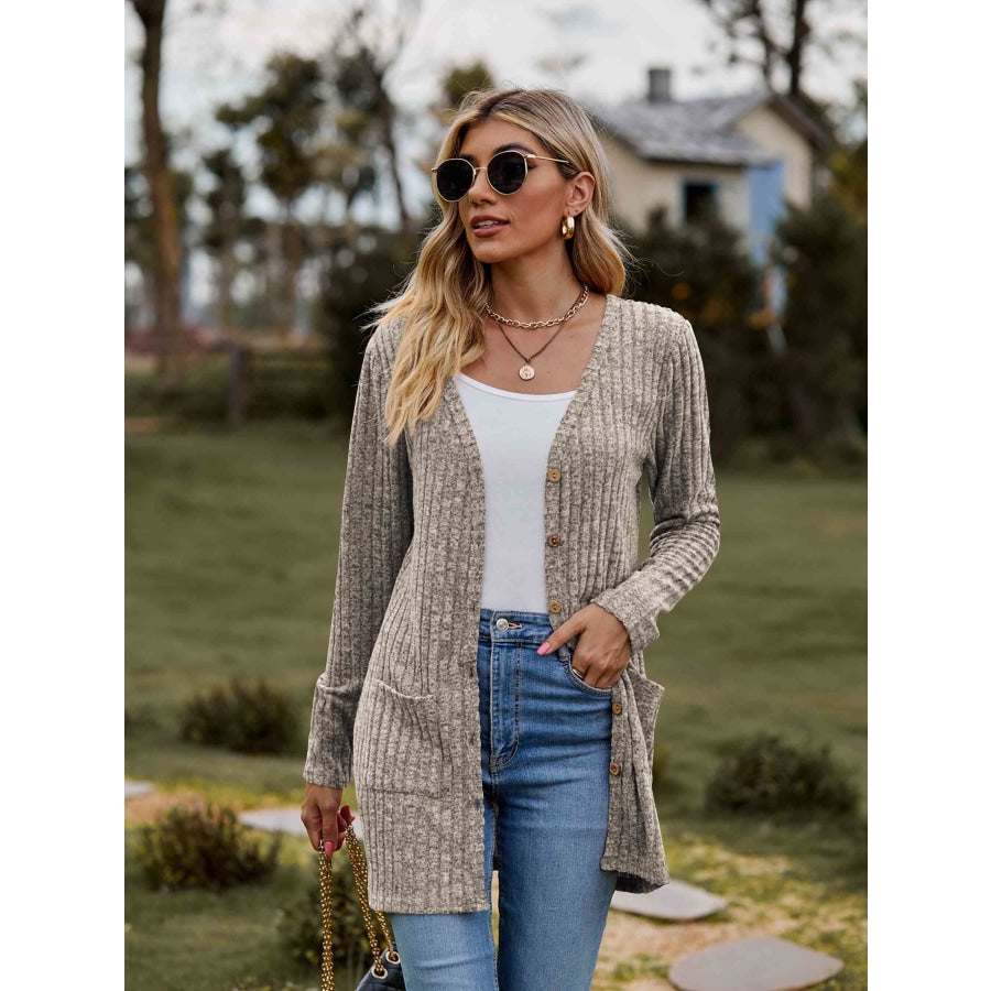 Double Take Ribbed Button-Up Cardigan with Pockets Khaki / S Apparel and Accessories