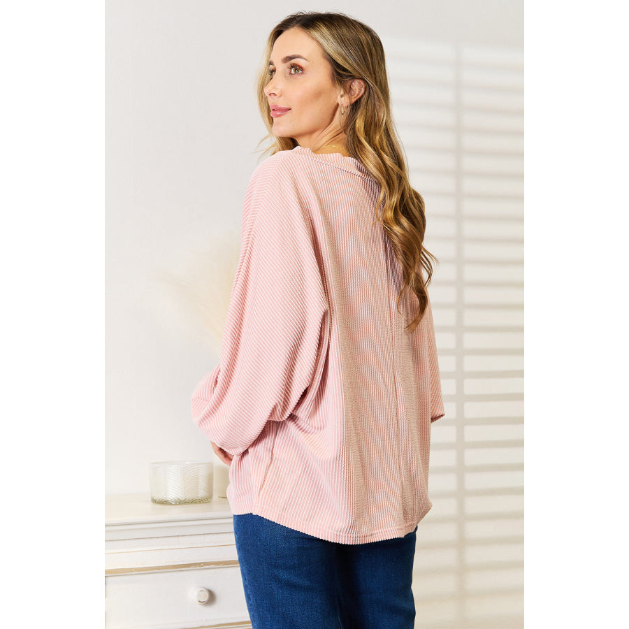 Double Take Ribbed Long Sleeve Top Dusty Pink / S Apparel and Accessories