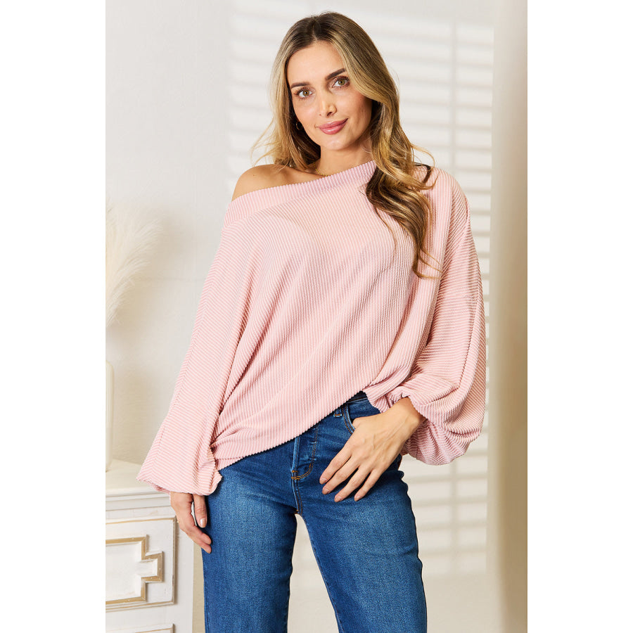 Double Take Ribbed Long Sleeve Top Dusty Pink / S Apparel and Accessories