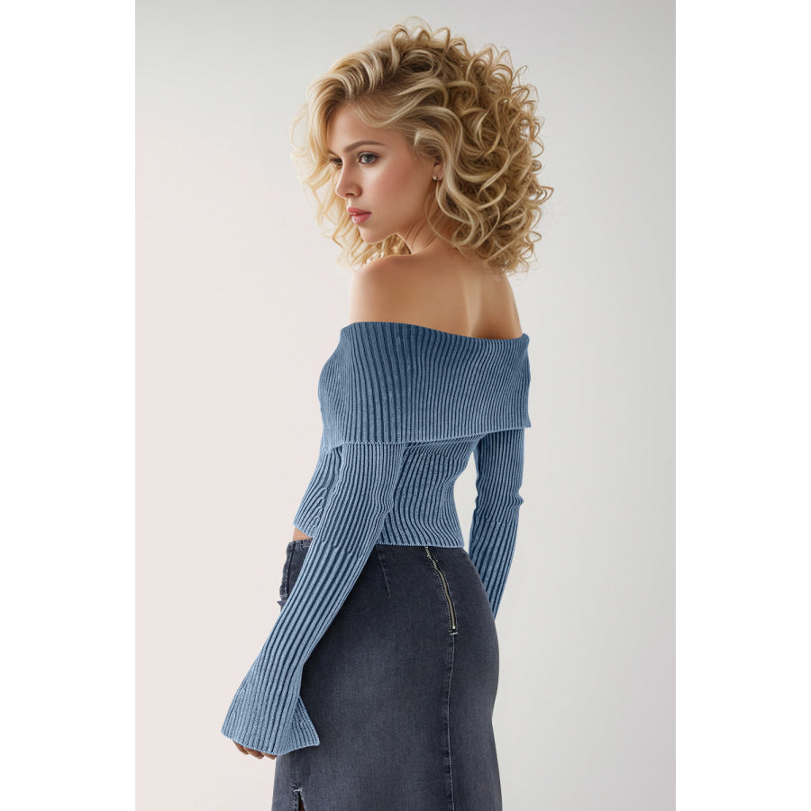 Double Take Ribbed Off-Shoulder Zip Up Long Sleeve Cardigan Apparel and Accessories